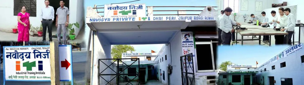 Collage showing the Navodya ITI campus, staff and workshop